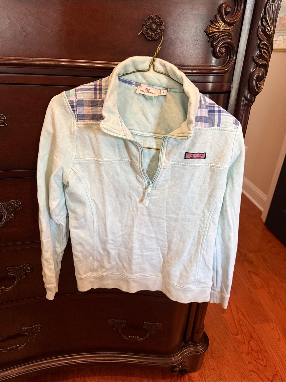 Vineyard Vines Mint Quarter-Zip Pullover with Plaid Shoulder Accents